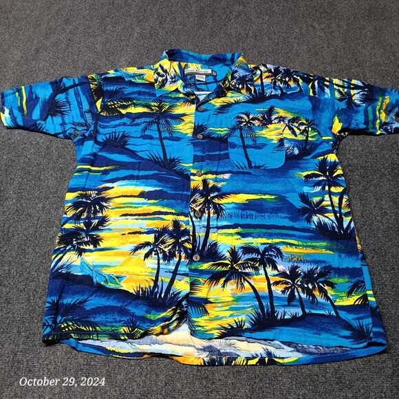 VTG Ocean Current Hawaiian‎ Shirt Men Large Blue Palm Tree Sun Set Print - Picture 1 of 5